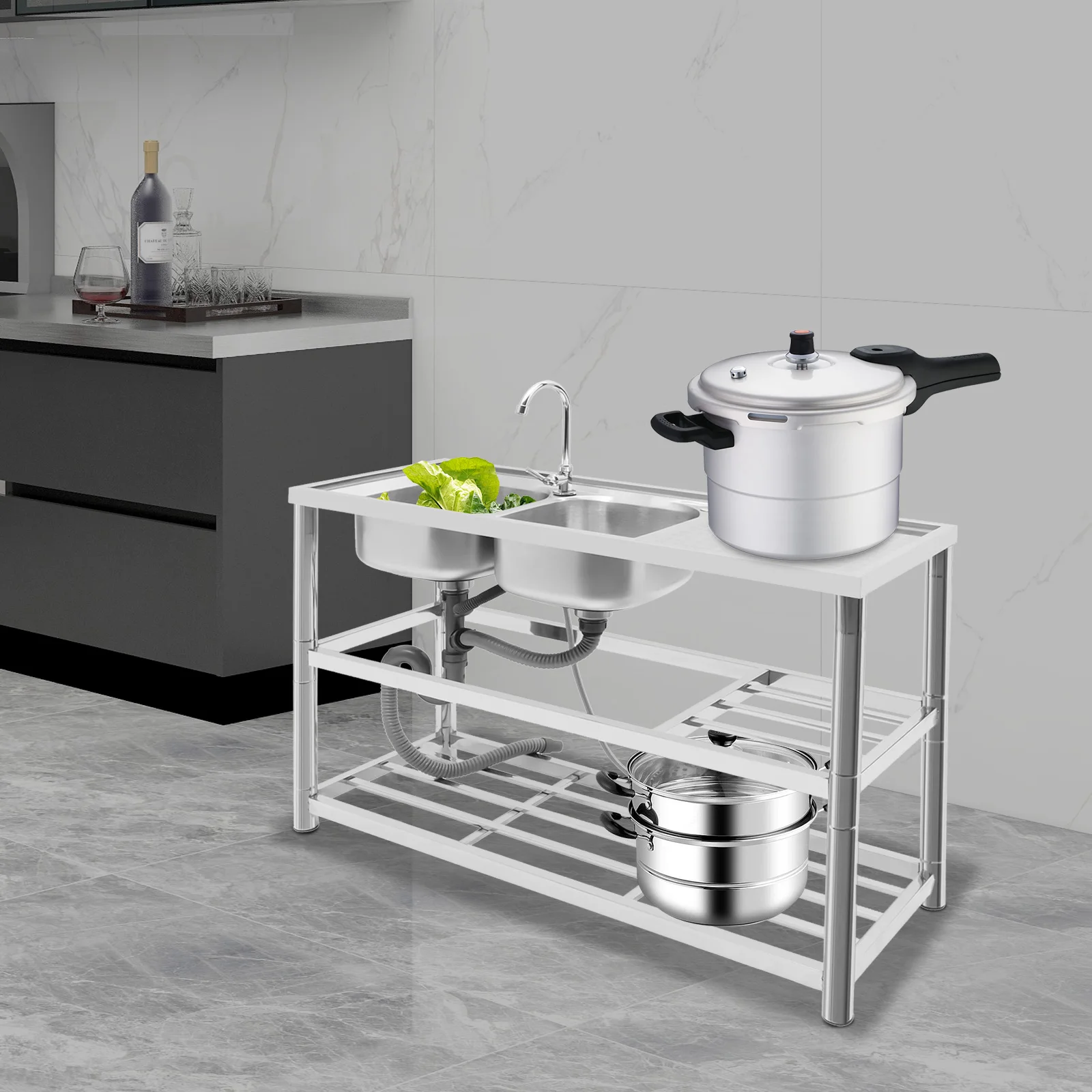Commercial Kitchen Kitchen - Freestanding Stainless-Steel 2 Bowls Commercial Restaurant